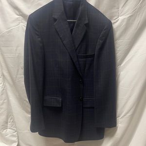 Navy wool blend blazer with light blue/tan threads
